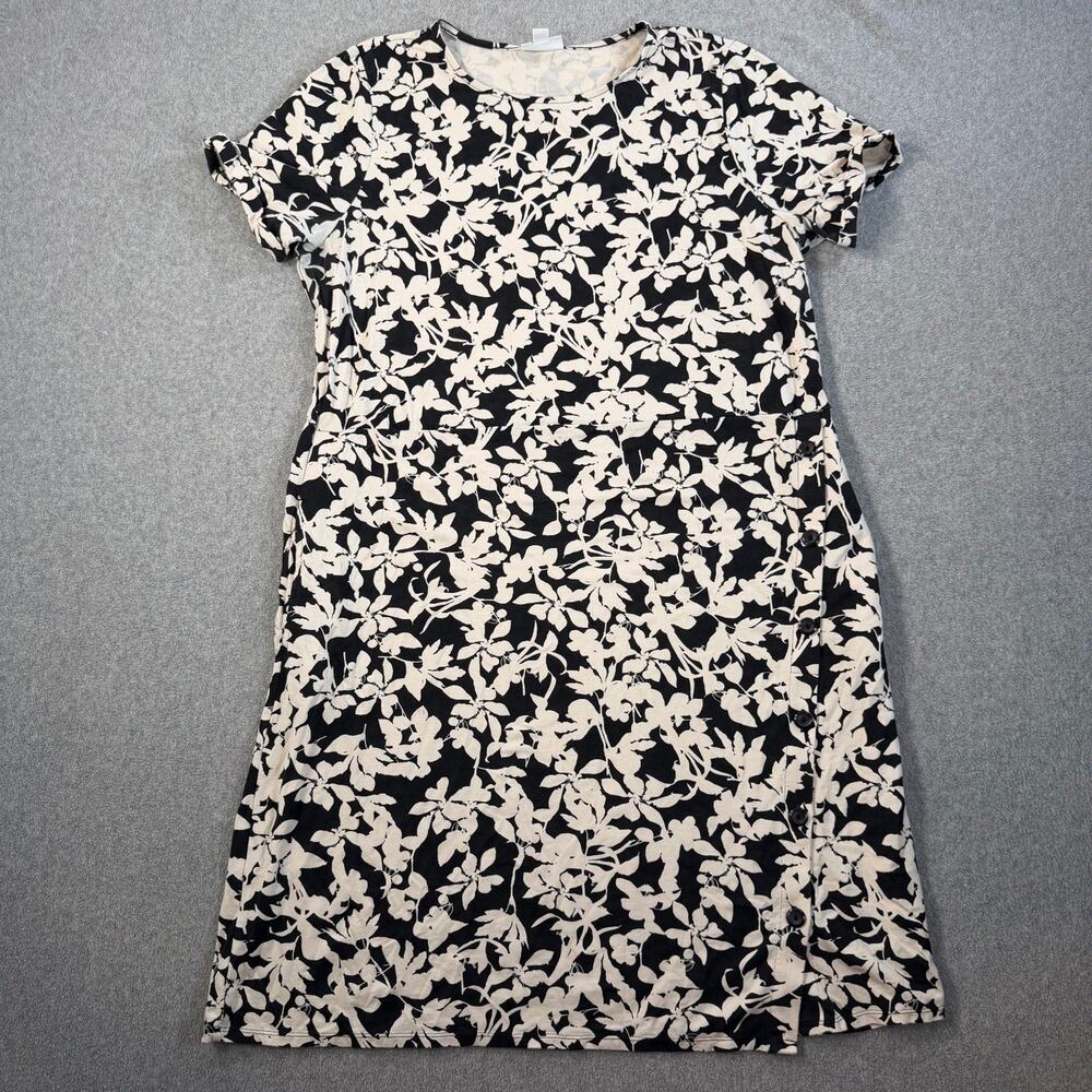 J.Jill Womens Large Tall Black White Floral Knit Short Sleeve Dress Side Buttons